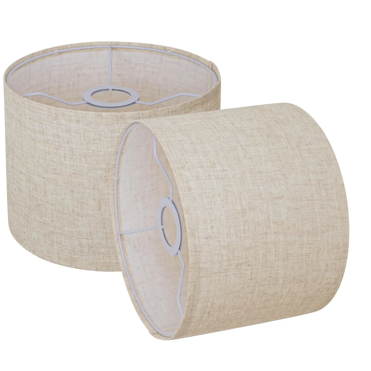 Two beige linen drum lampshades, 8.66 inches wide by 7.87 inches high