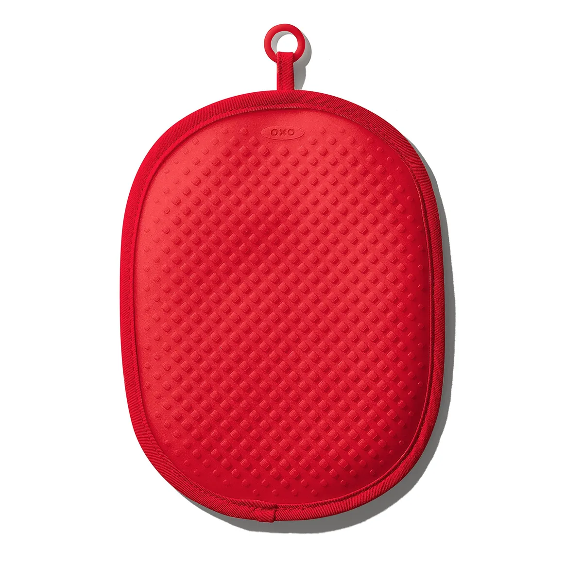 Red silicone pot holder with diamond pattern and soft liner