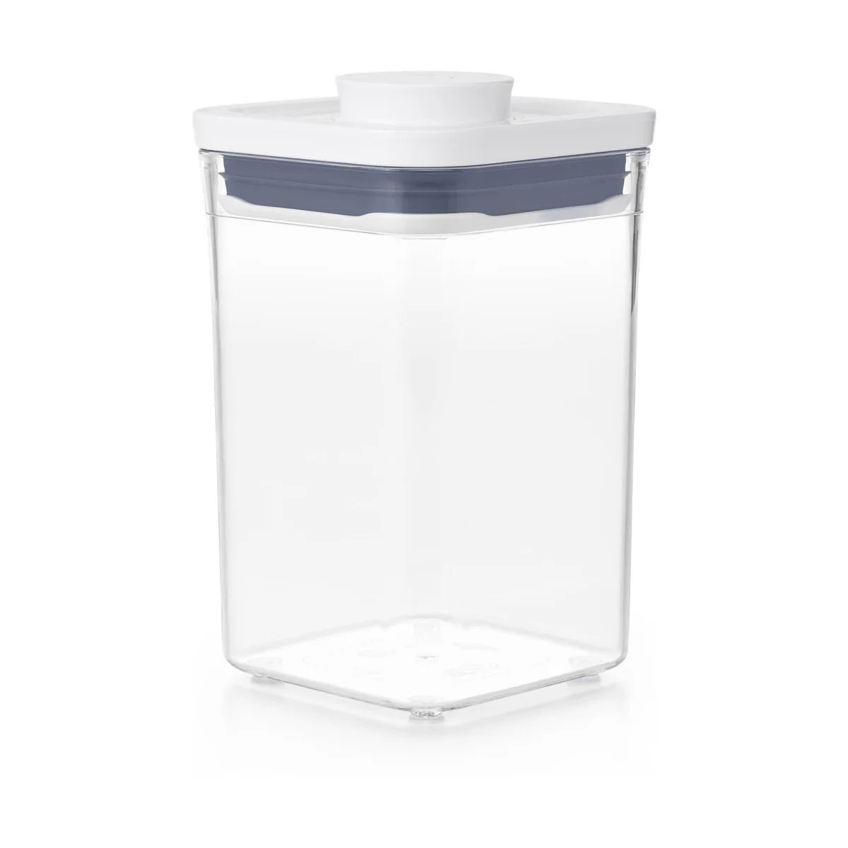 White square plastic container with push-button lid, 4.25 inches wide and 6.7 inches tall