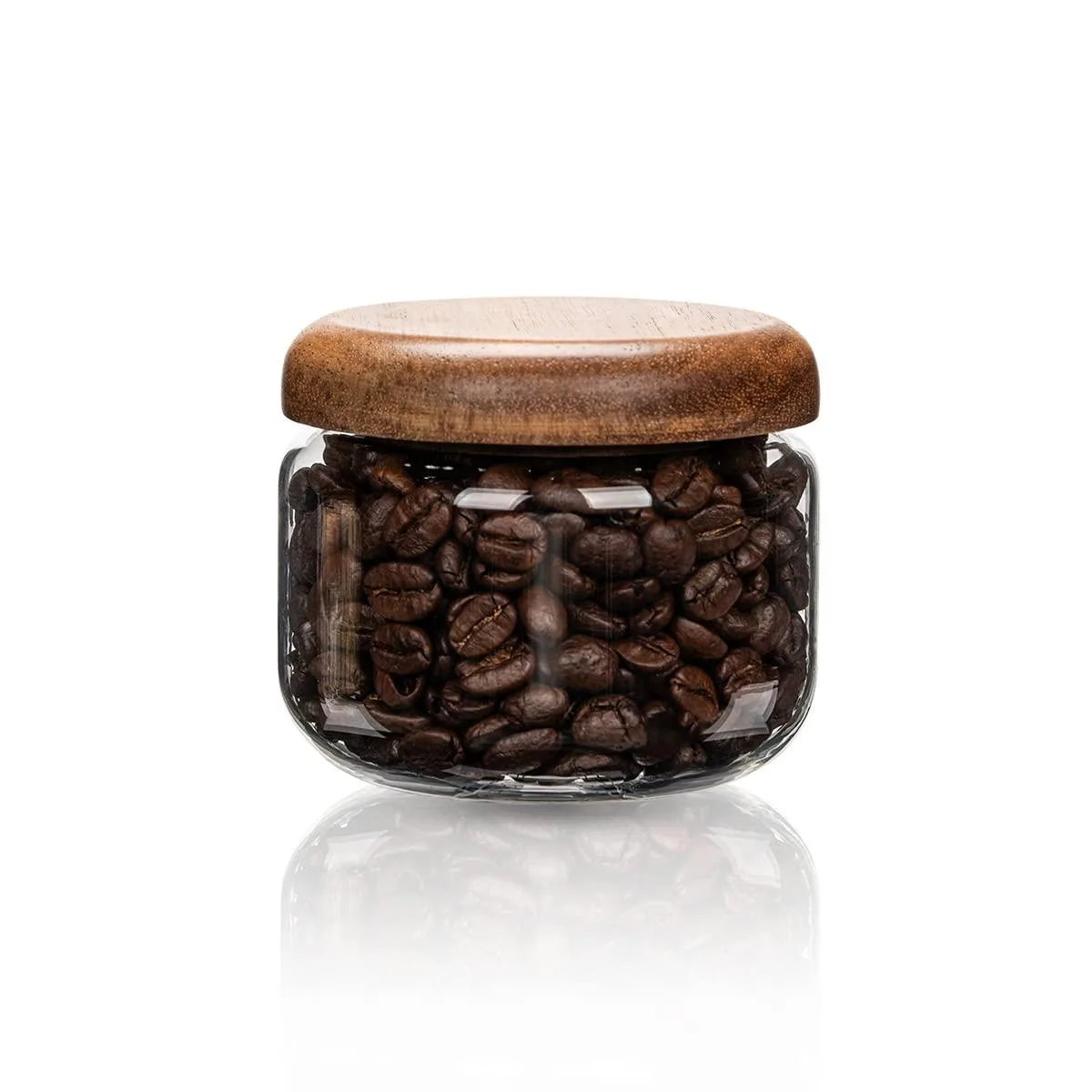 Clear glass jar with wooden lid, 3.4 by 3.4 by 2.8 inches, 300 ml