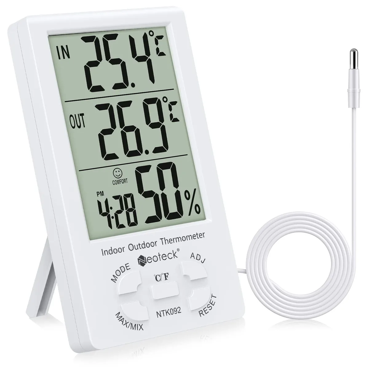 KEHIPI KEHIPI 3-in-1 Thermometer Hygrometer with Clock 1.5m Sensor White — product photo