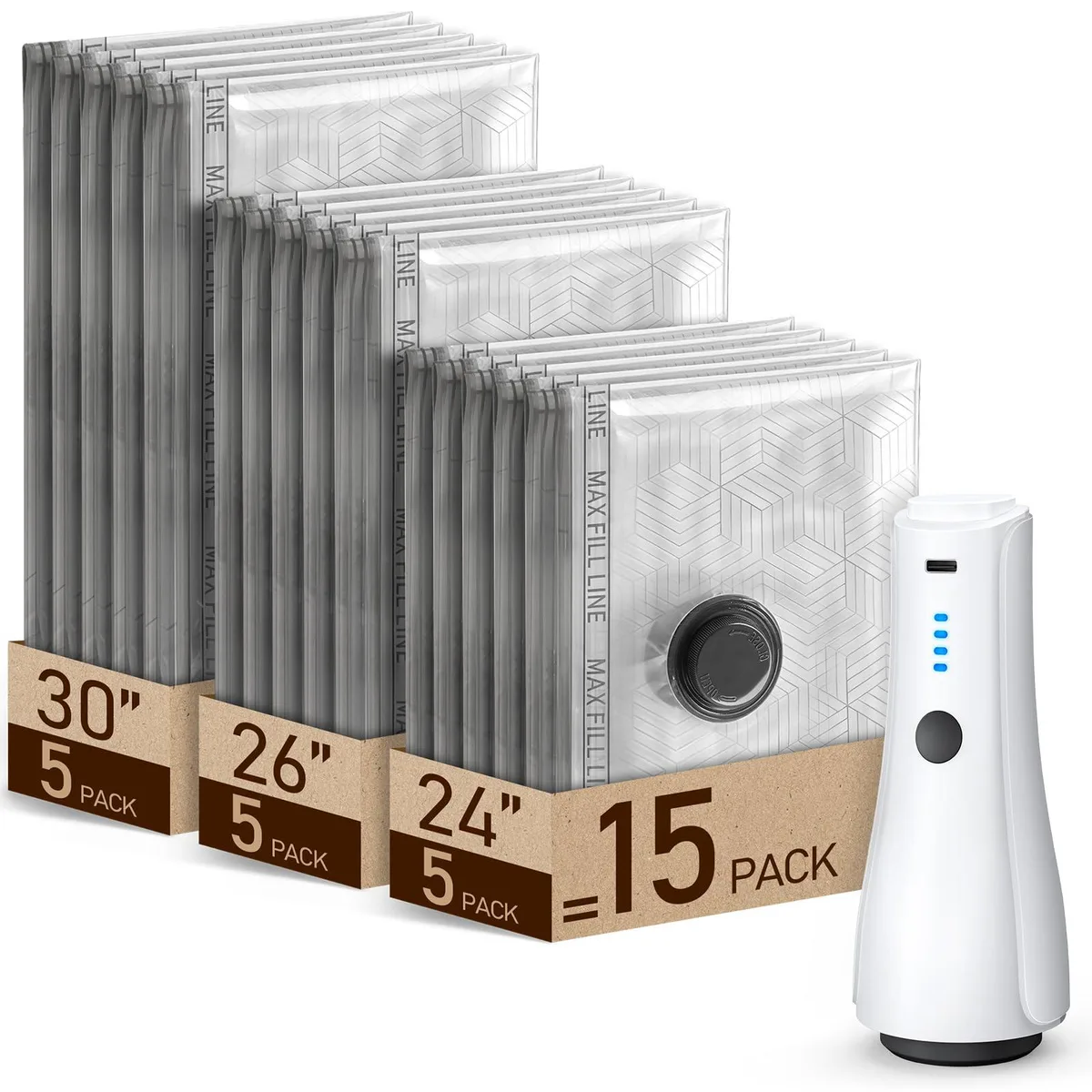 Set of 15 beige vacuum storage bags with rechargeable electric pump, three sizes included