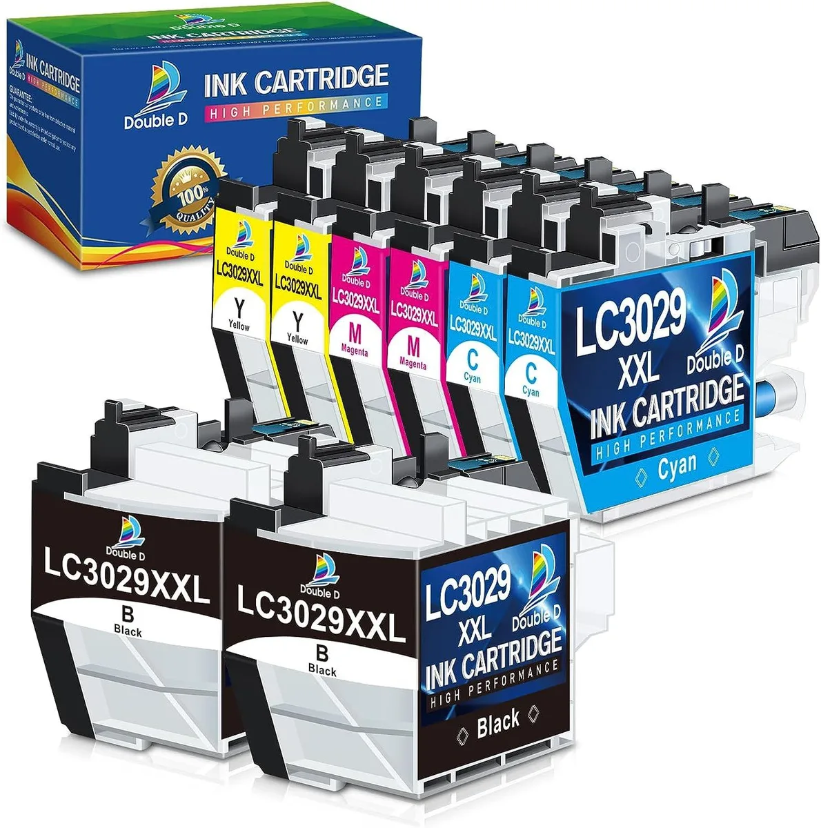 Eight rectangular ink cartridges in black cyan magenta yellow plastic casings with chips and pull tabs