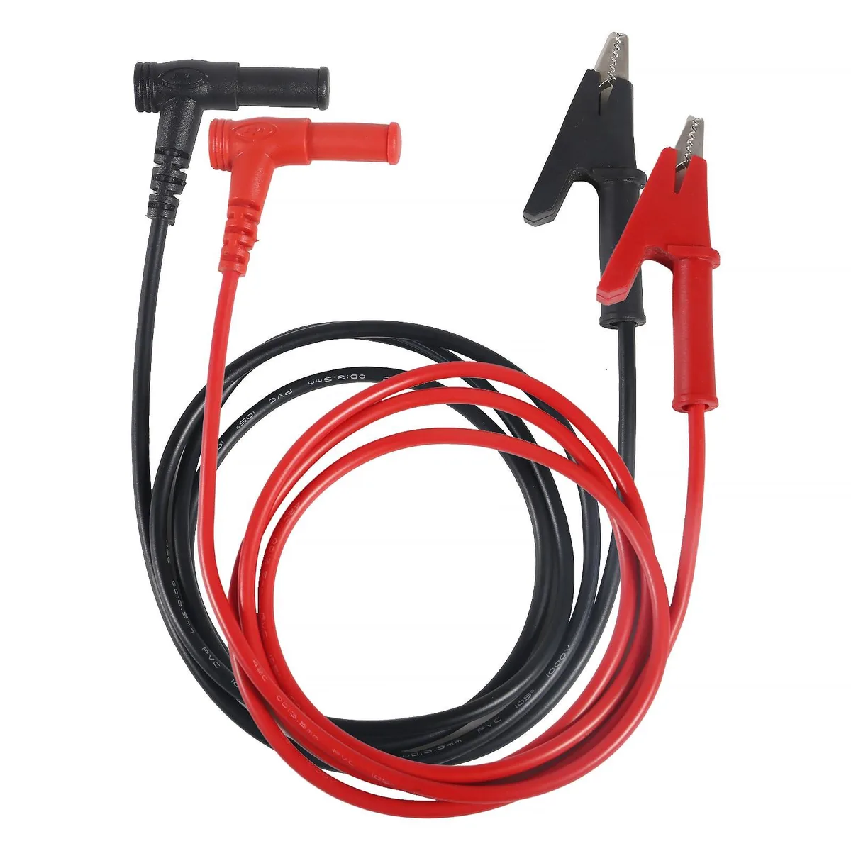 Pair of right-angle banana plug to alligator clip test leads, red and black, 1m soft cable