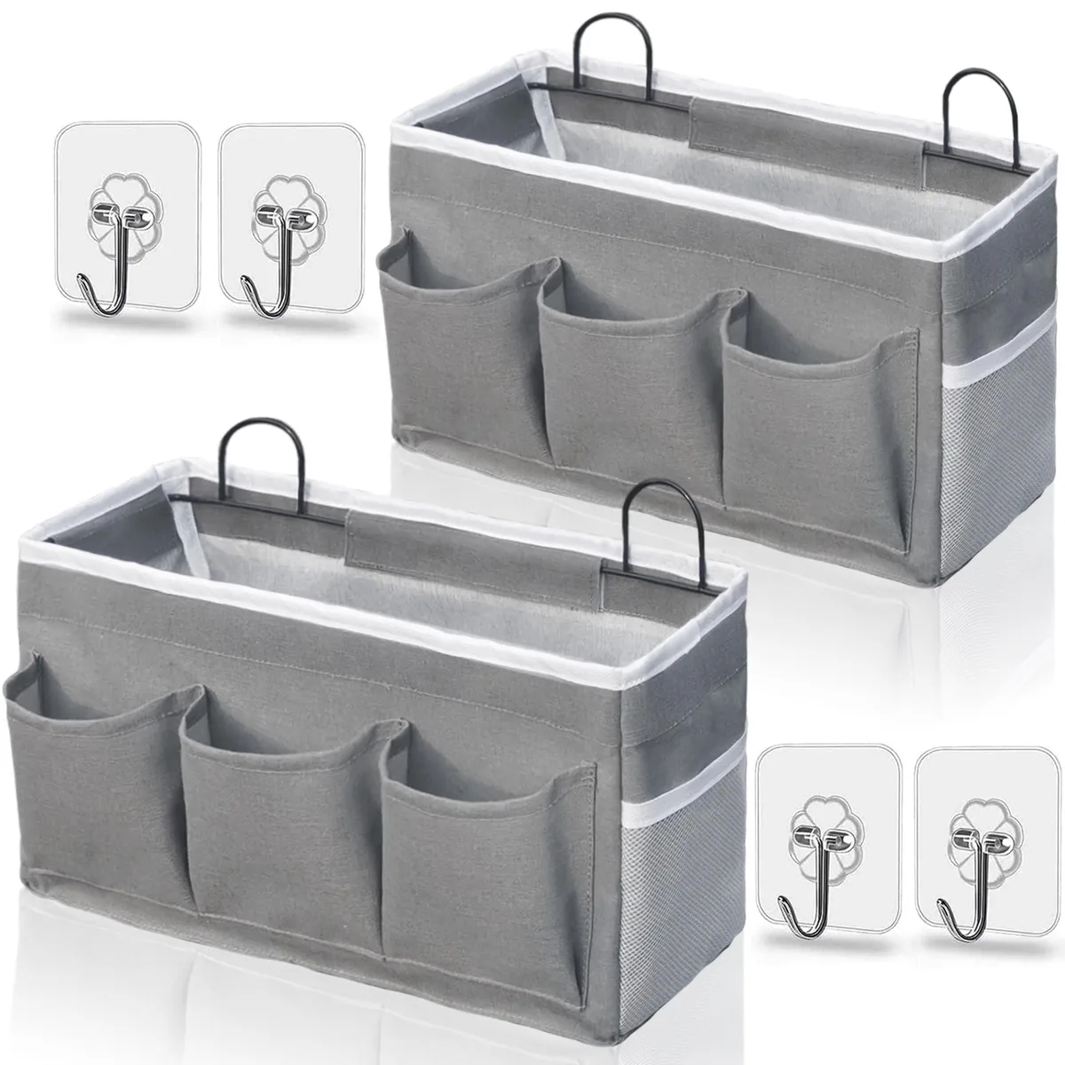 Two gray linen wall baskets with front and side pockets, shown hanging together