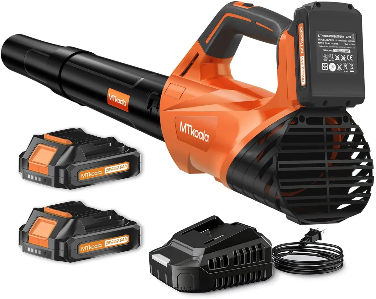 Orange cordless leaf blower with two batteries and charger