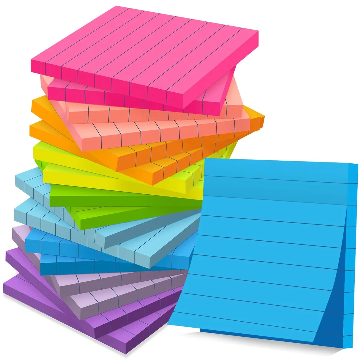 Eighteen square pads of bright lined sticky notes in a rectangular pack