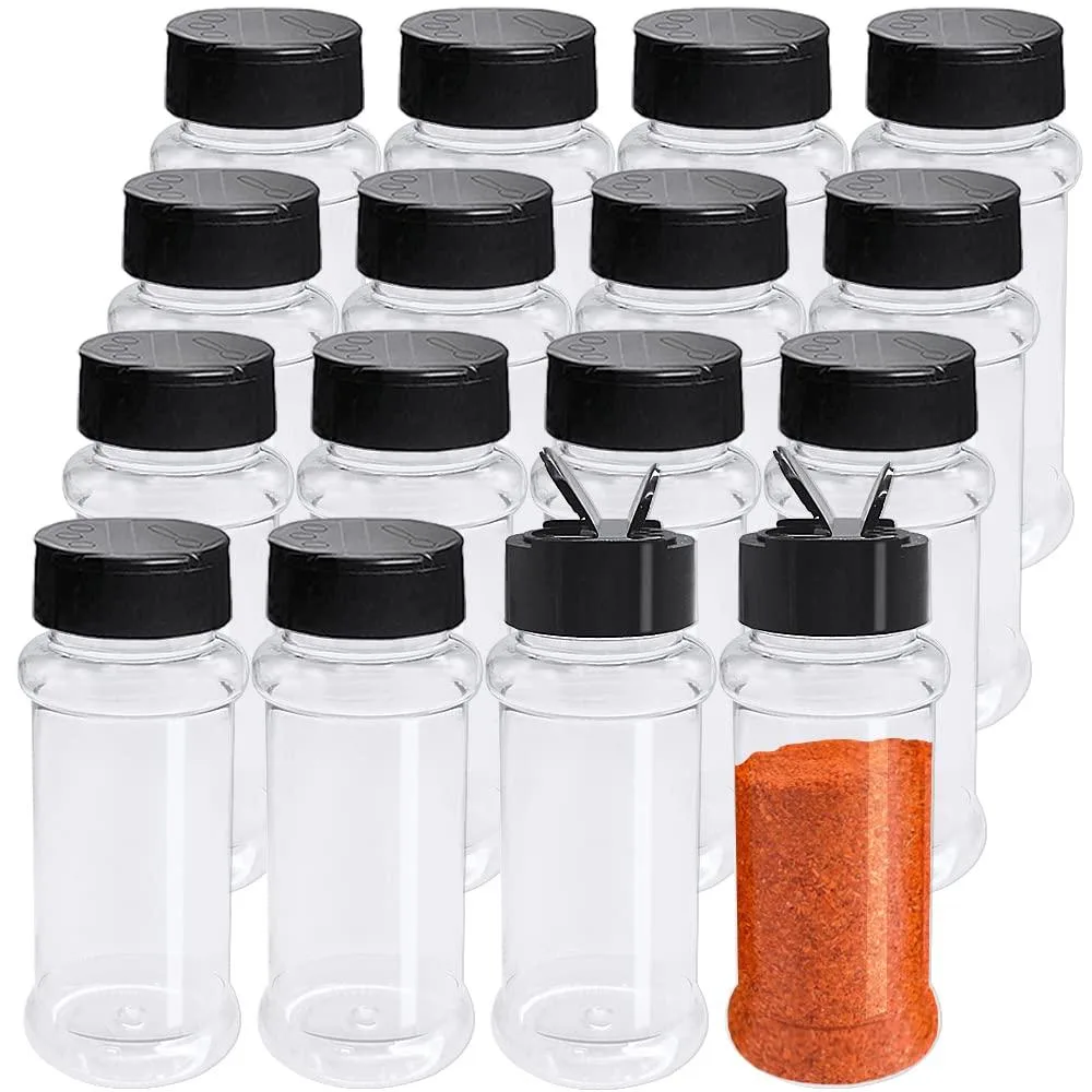 Sixteen clear plastic spice jars with black flip caps, each 1.77 inches square by 4.13 inches tall