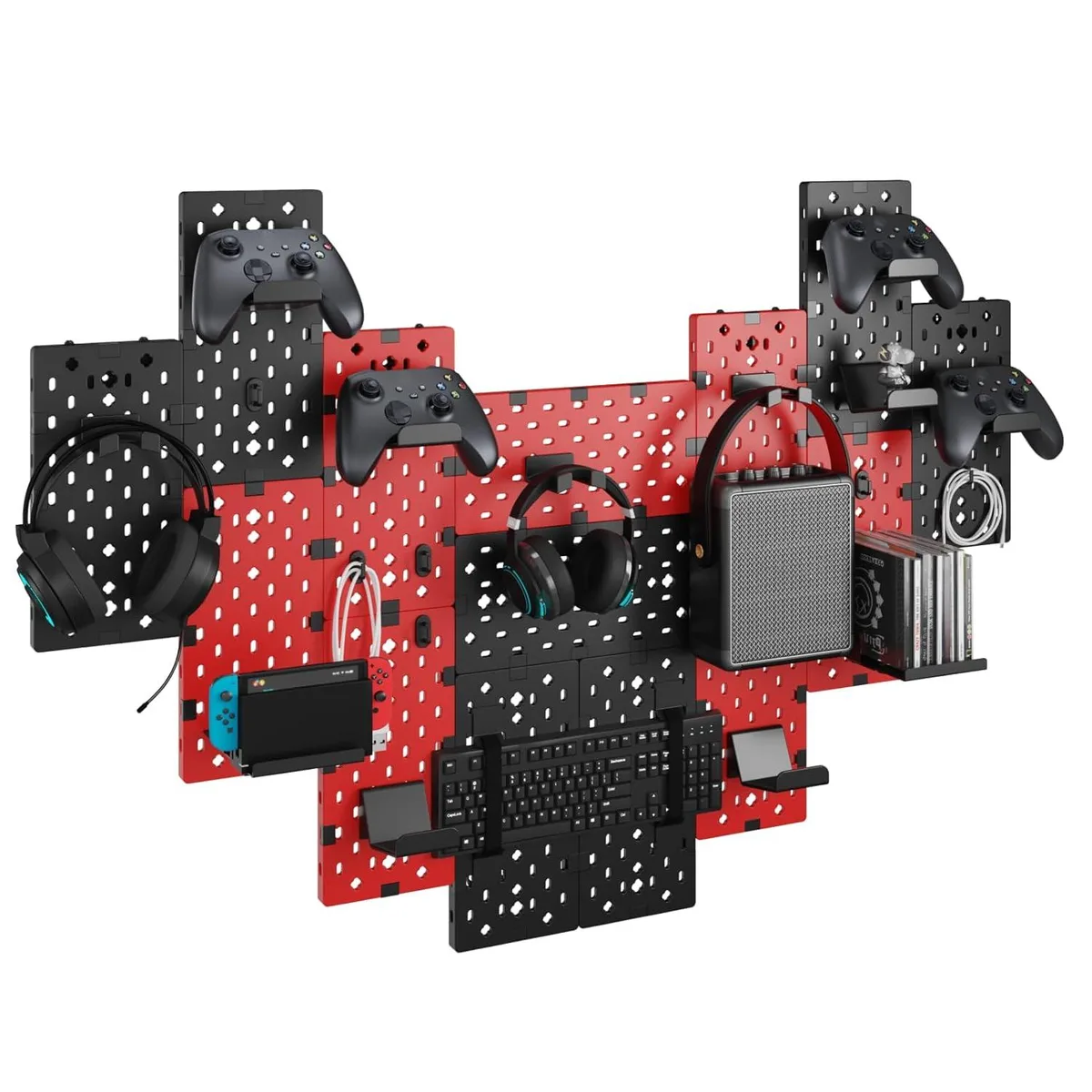 Black and red modular pegboard with 14 pieces including controller holders headphone rack and disc shelves