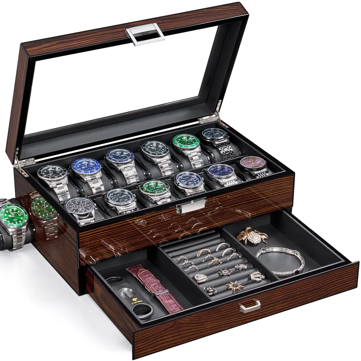 Brown leather watch box with glass lid and twelve compartments