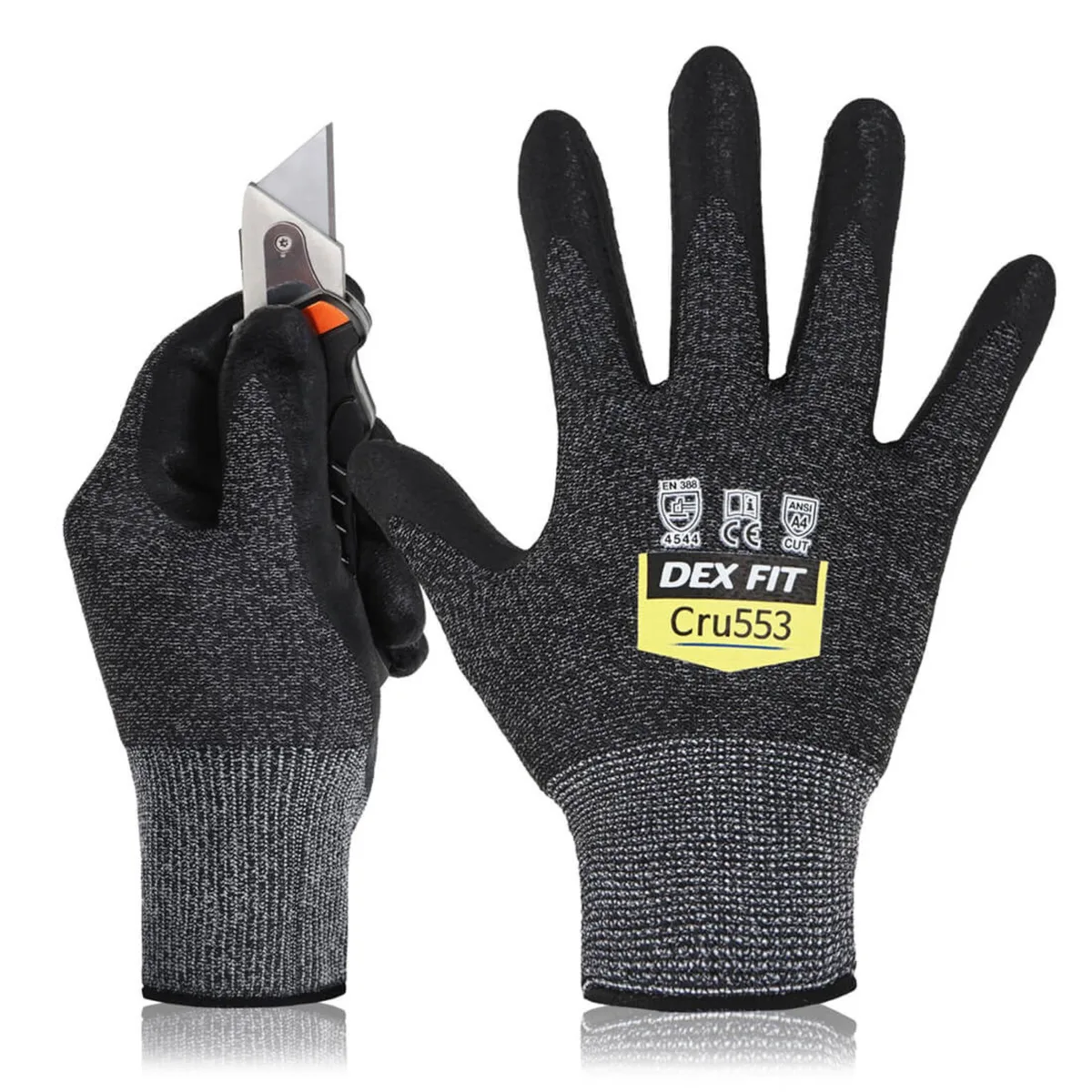 Black and grey cut-resistant glove with foam nitrile coating, elastic cuff, 13-gauge knit construction