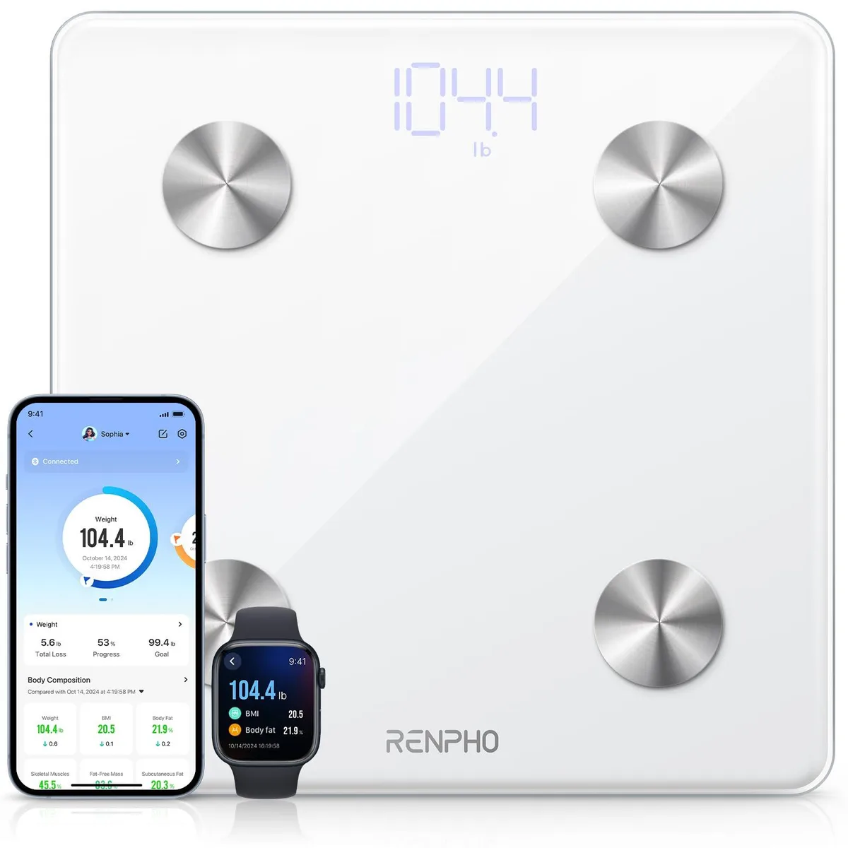 Black rectangular digital bathroom scale with tempered glass platform and rounded corners