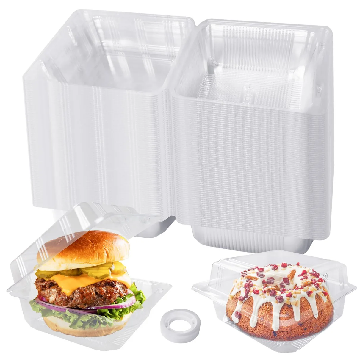 Stack of 100 clear square hinged clamshell containers, 5.3 by 5.1 by 2.4 inches