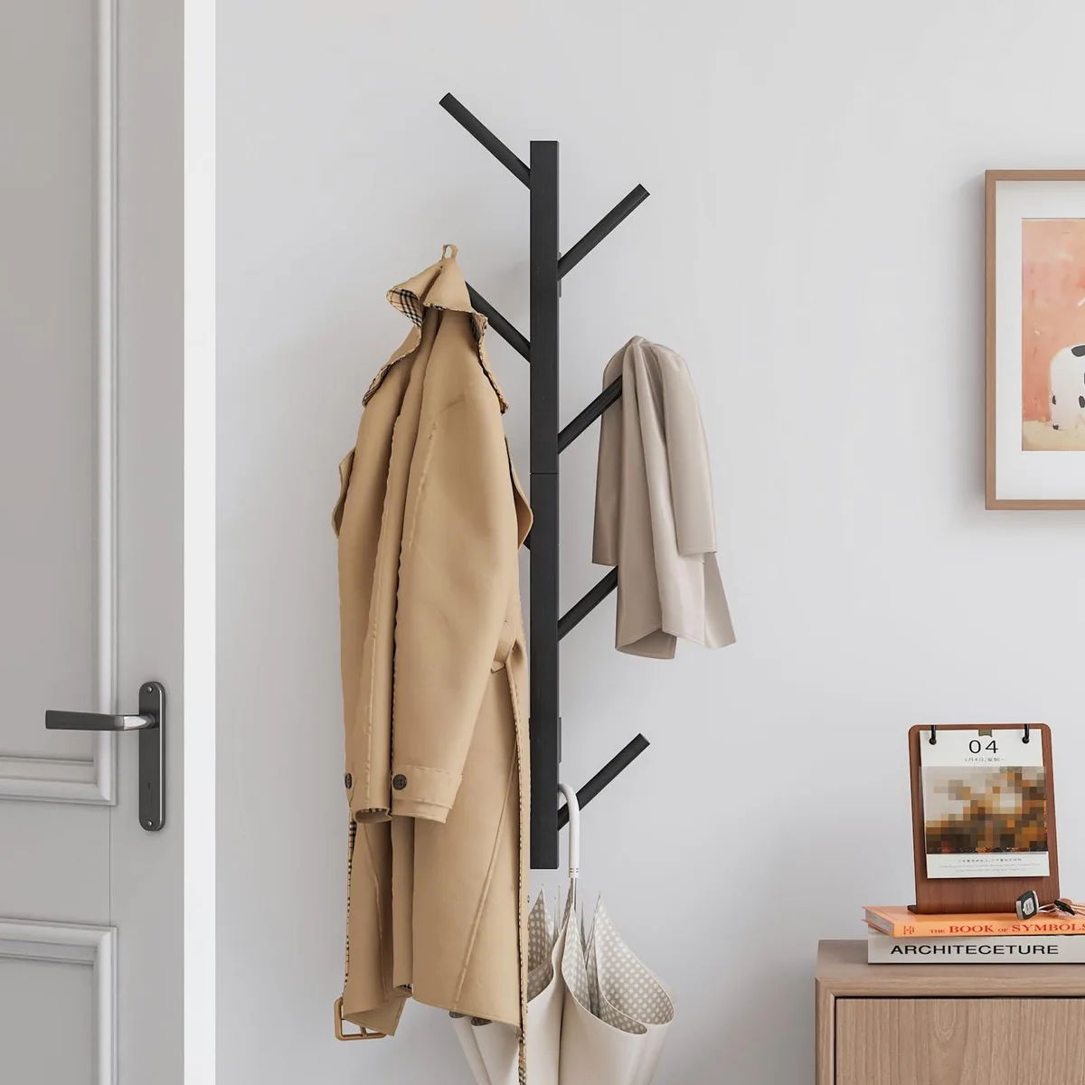 Black lacquered bamboo wall-mounted coat rack, 34.3 inches tall with multiple hooks