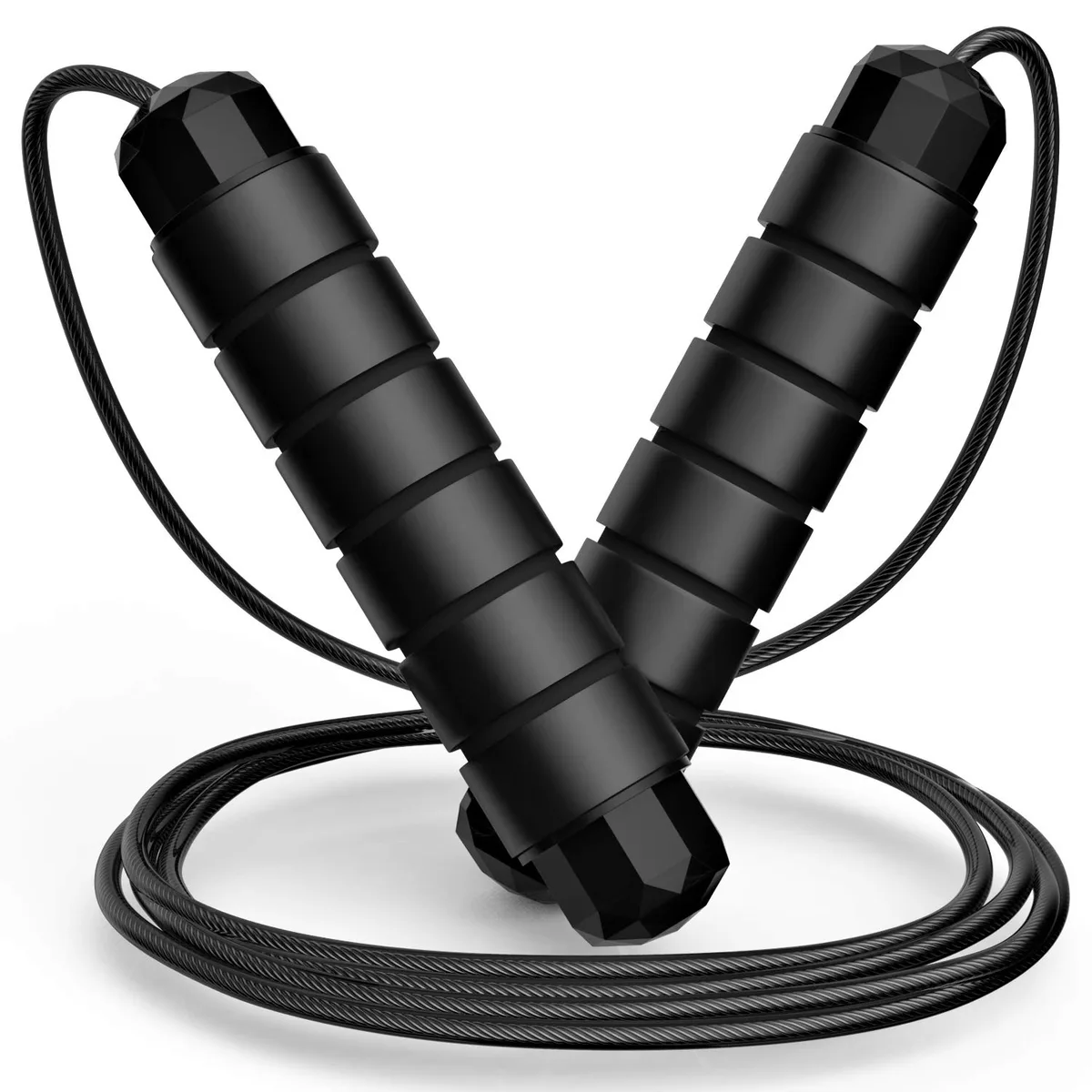 Black PVC-coated steel cable jump rope with grey foam handles and silver ball-bearing swivels, adjustable from 103 to 110 inches
