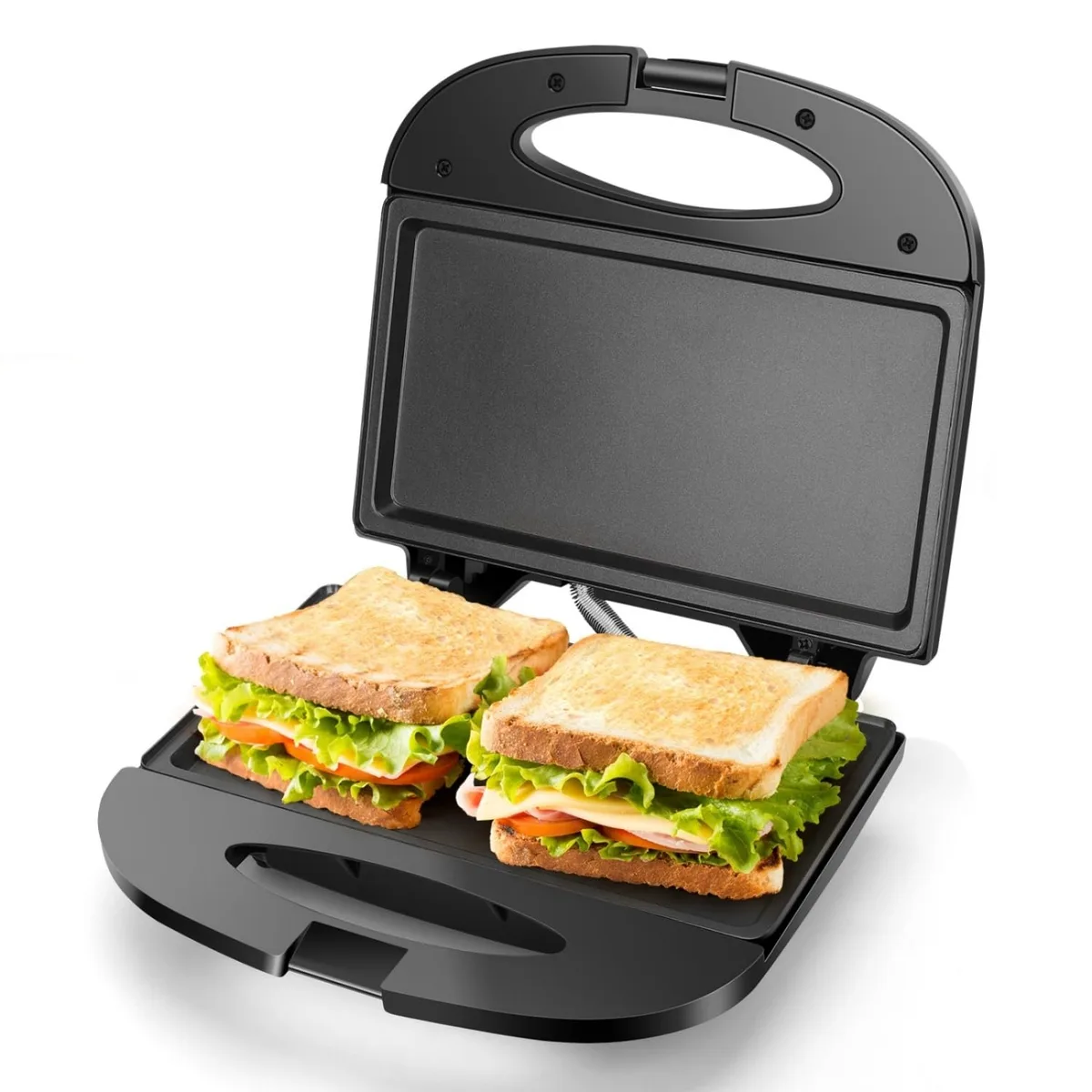 Black Aigostar sandwich maker with non-stick deep grid plates, cool-touch locking handle, green and red indicator lights
