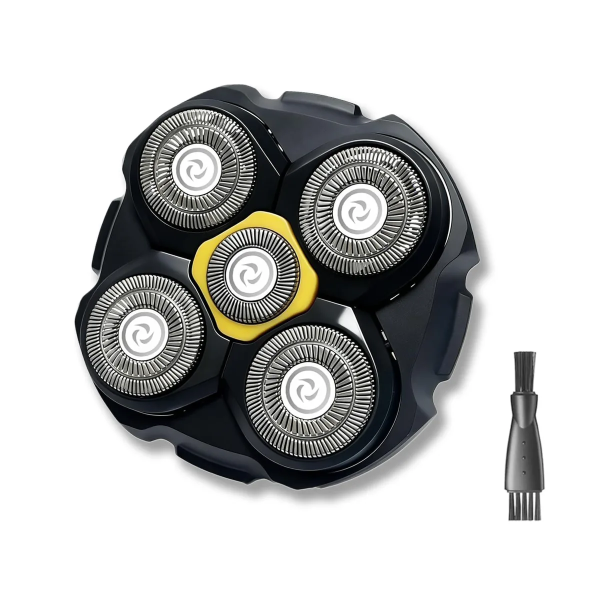 Two circular shaver heads with silver titanium blades on black plastic bases