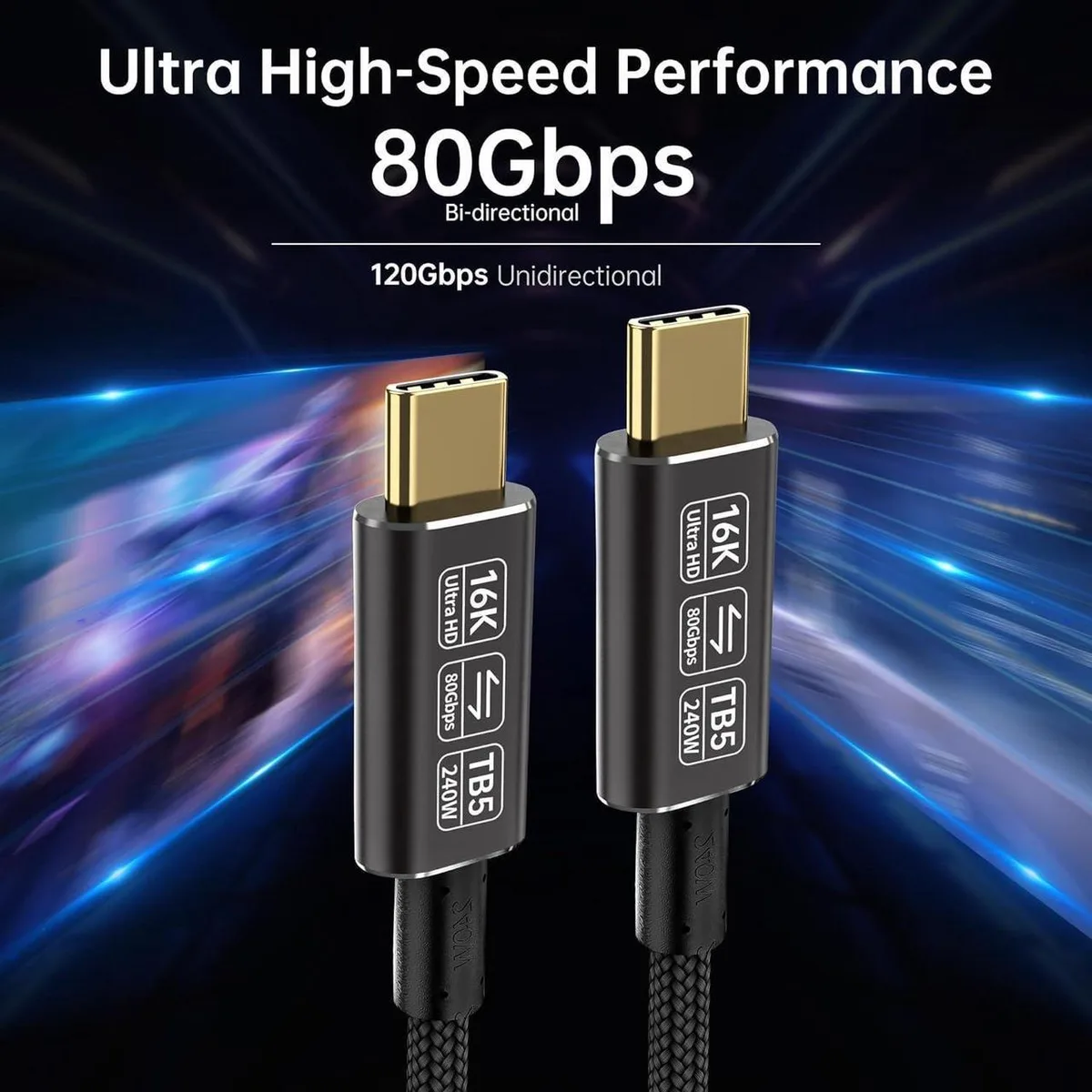 Aomoproing Aomoproing USB 5 Cable USB-C to USB-C 80 Gbps 240W 1 ft — product photo