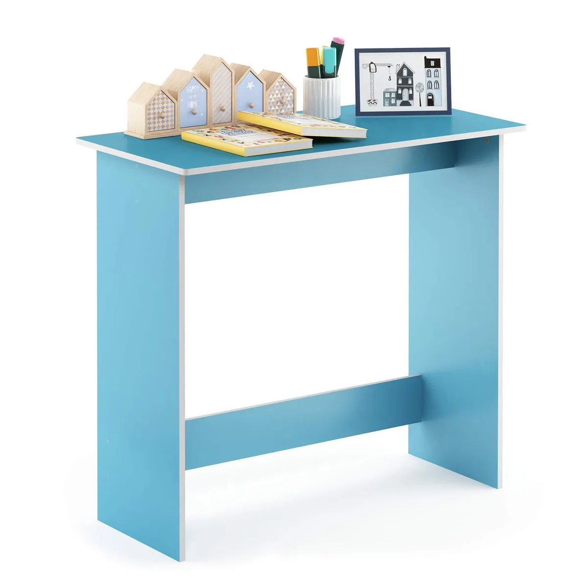 Light blue rectangular study table with H-shape foot rest, compact design