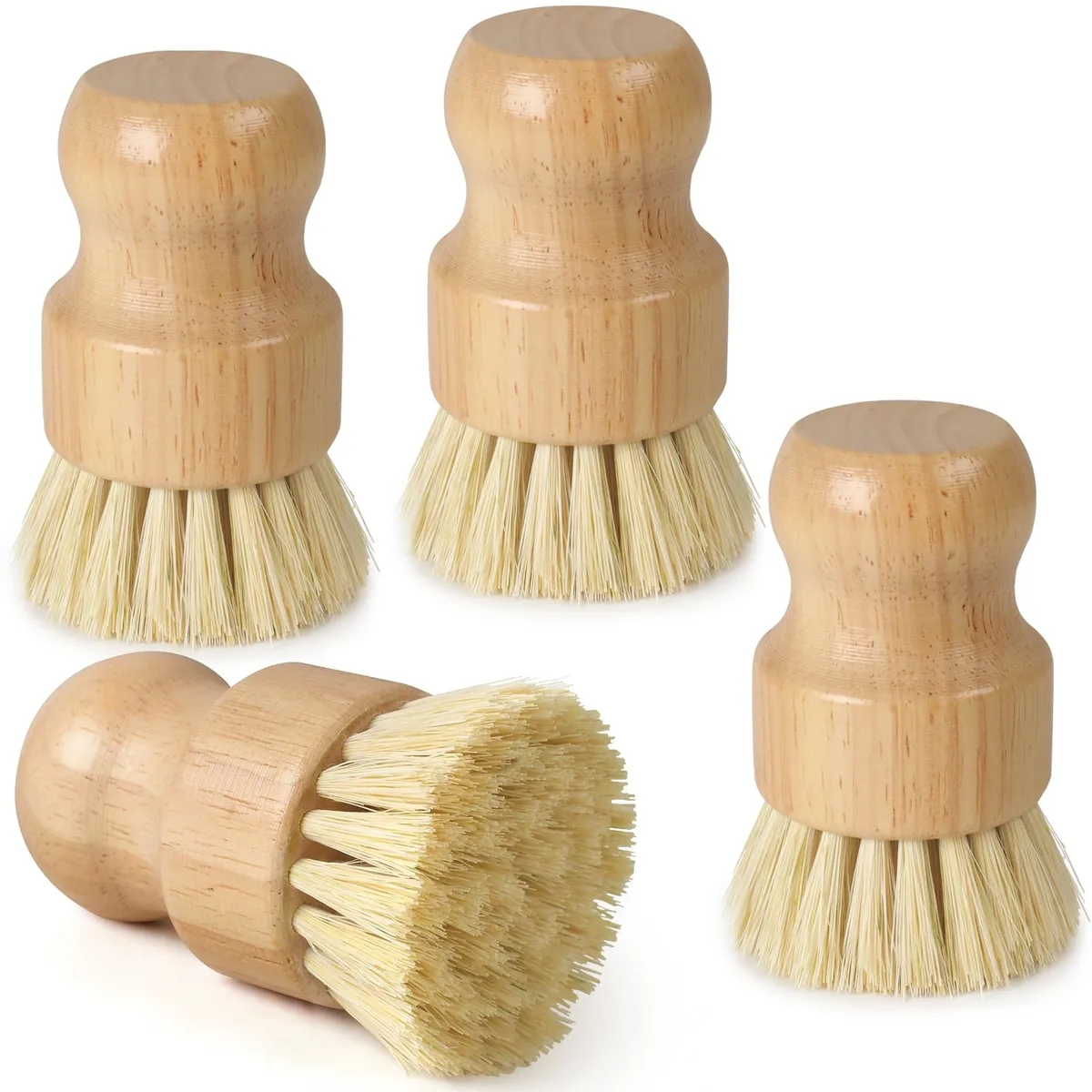 Four natural bamboo dish brushes with sisal bristles and wooden handles