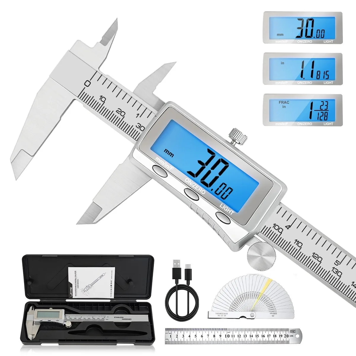 Stainless steel digital caliper with backlit LCD screen