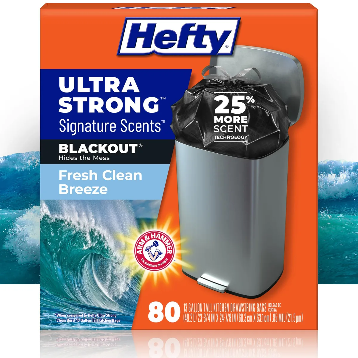 White box containing 80 black 13 gallon scented trash bags