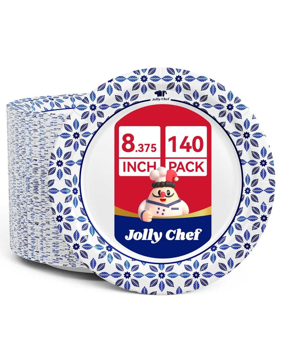White round paper plates with floral print, 140 count
