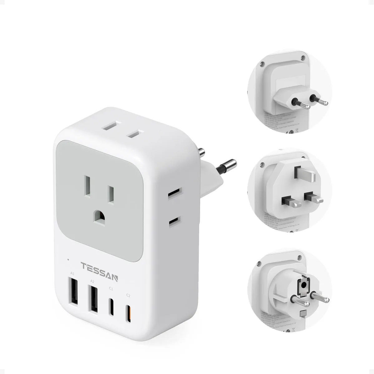 Grey-white travel adapter kit with three detachable plugs, four AC outlets, two USB-C and two USB-A ports