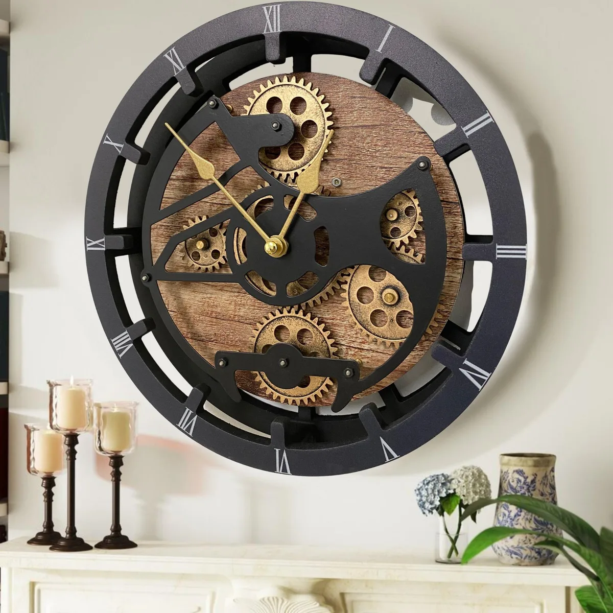 The Gears Clock The Gears Clock CANADA LINE 16 INCH ROUND Vintage Brown clock — product photo