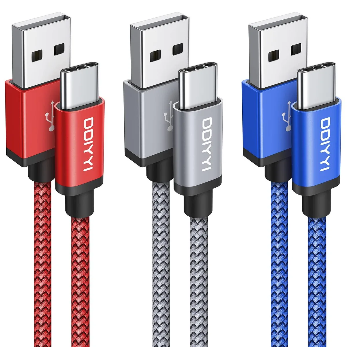 Three braided USB A to USB C cables in red grey and blue each three feet long