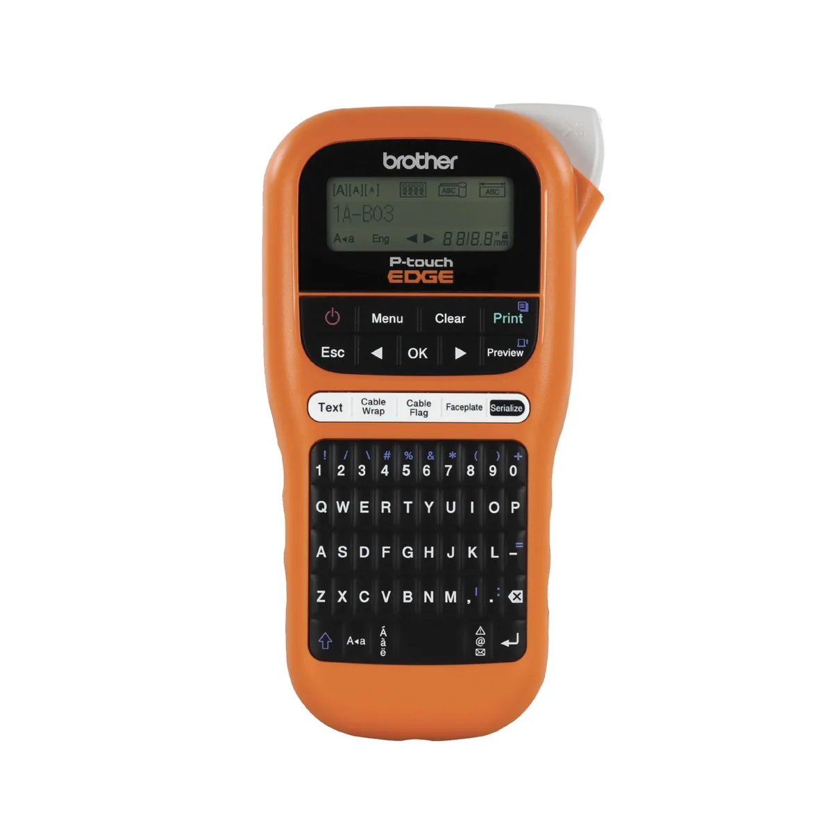 Orange handheld label printer with QWERTY keyboard and carry case
