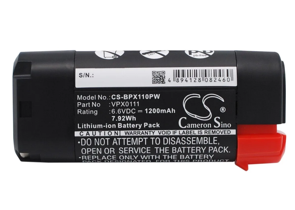 Rectangular lithium-ion power tool battery pack, dark casing, label with model VPX0111
