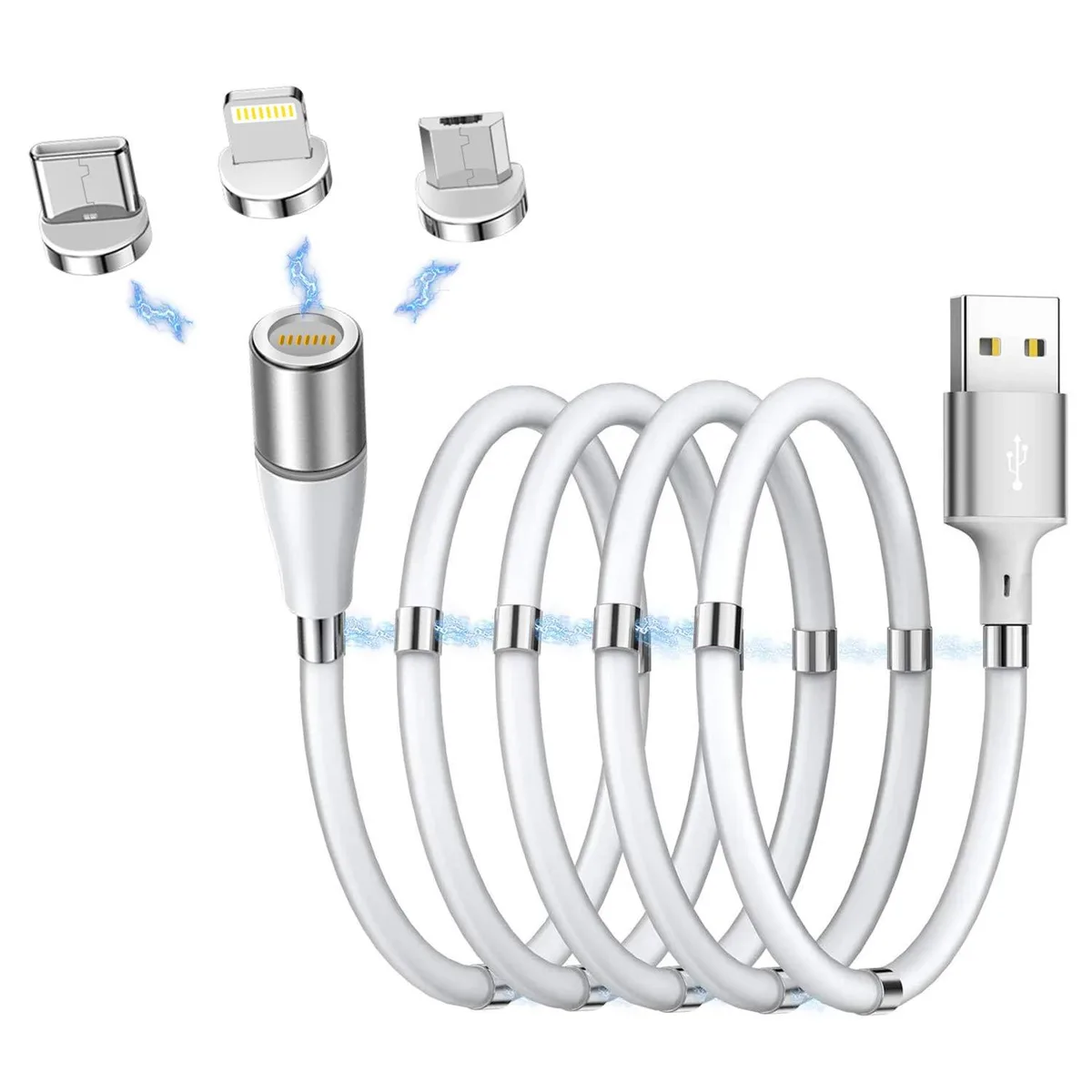White retractable cable with three magnetic tips coiled in a loop