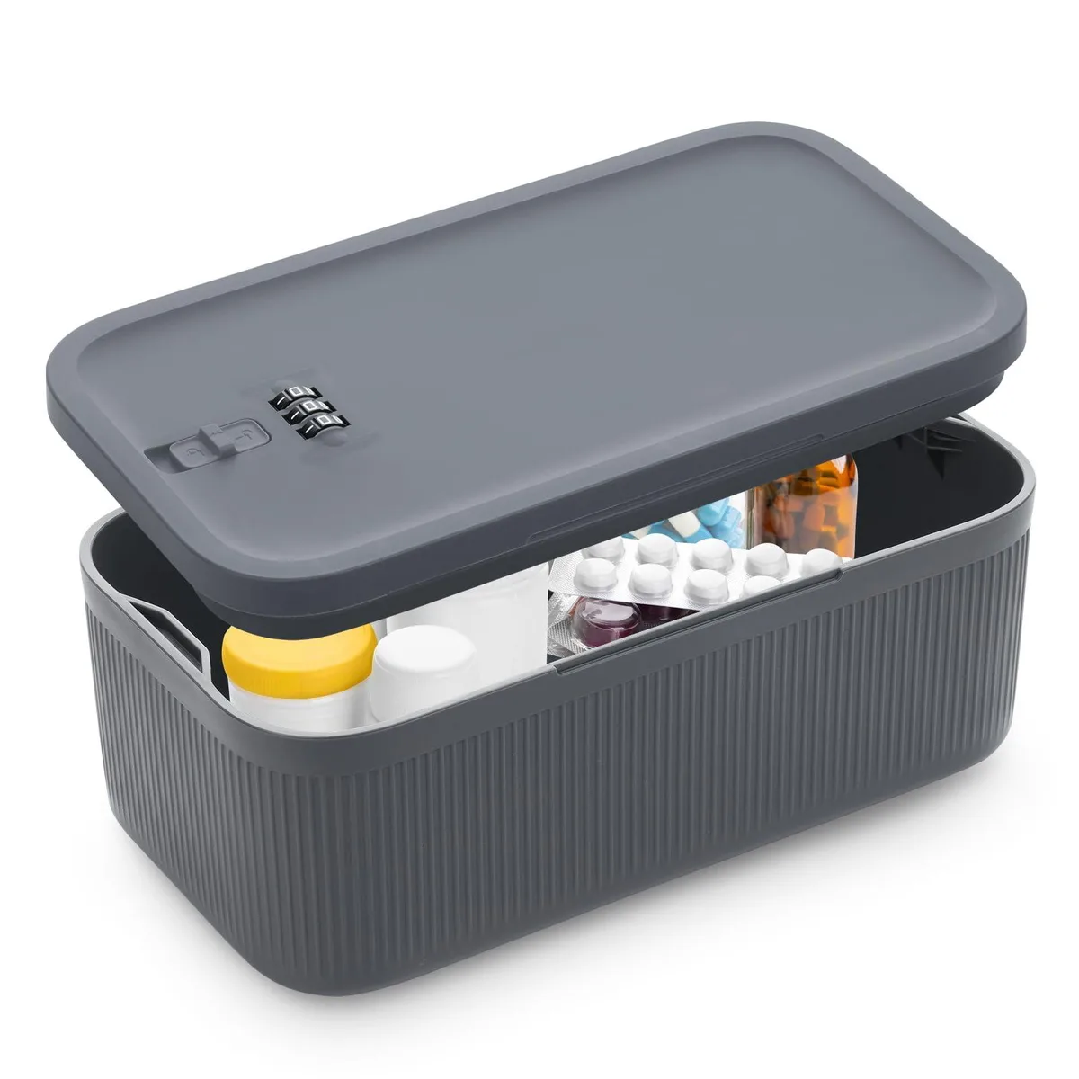 Gray rectangular lockable storage box with combination dial, 9.25 x 5.04 x 3.62 inches