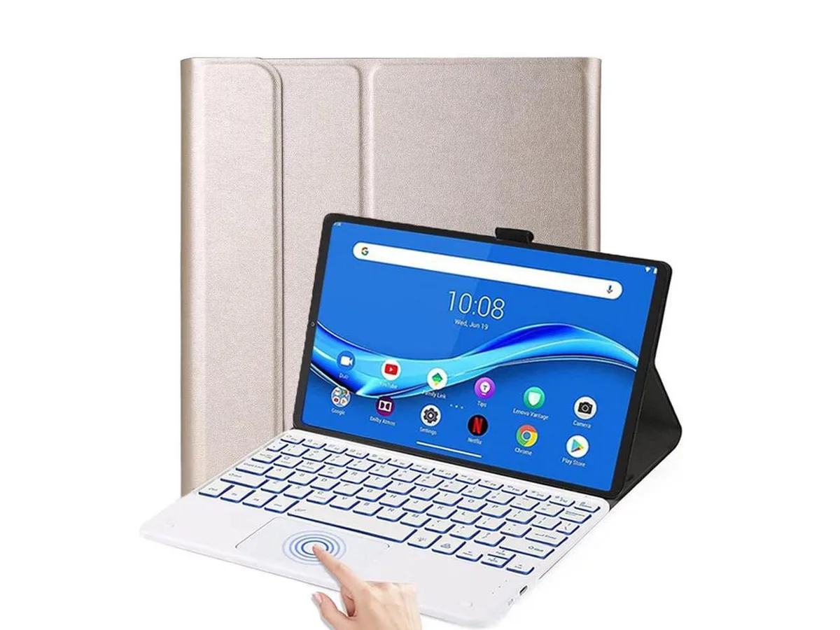 Gold leather tablet case with detachable backlit keyboard and pencil holder