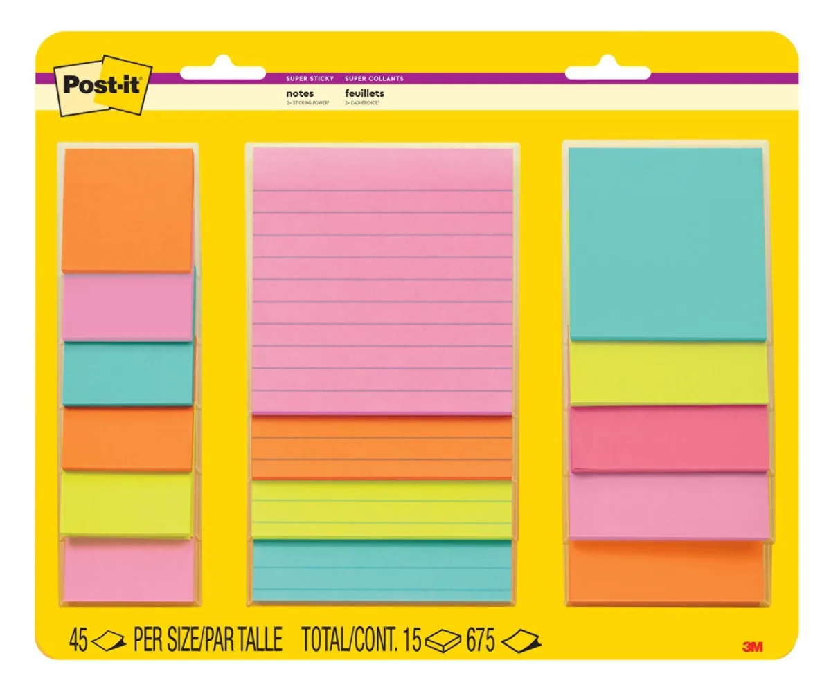 Pack of fifteen square sticky-note pads in neon pink, orange, lime and aqua