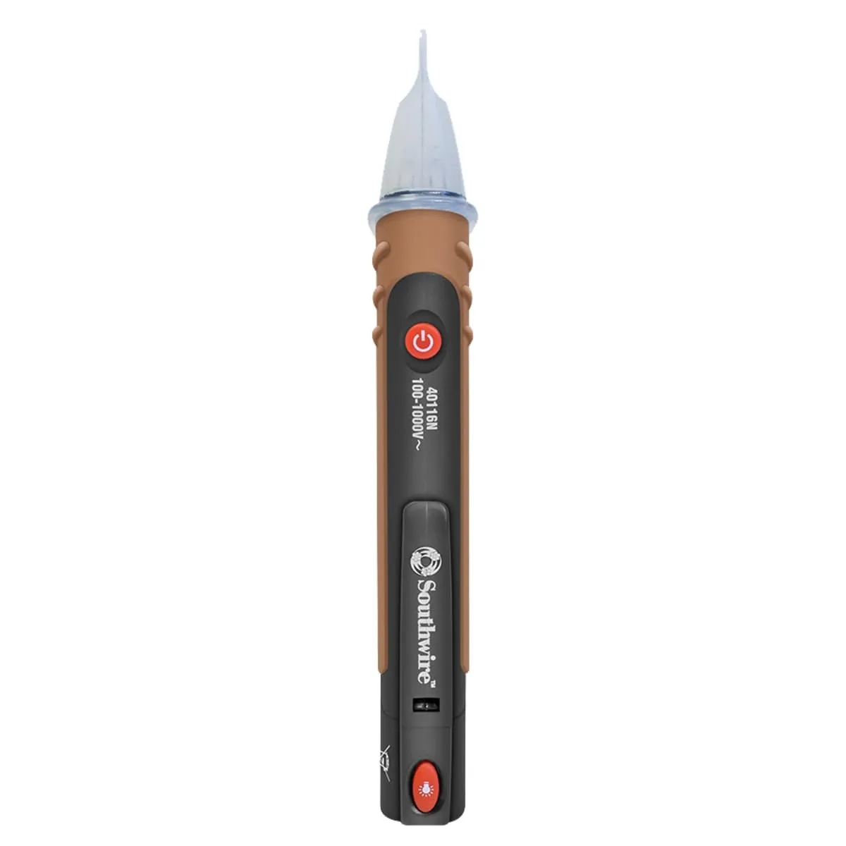Pen-style voltage tester with dual flashlights and pocket clip