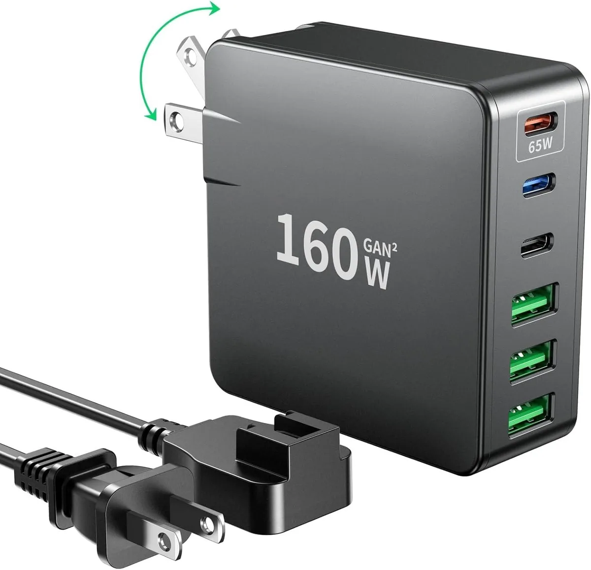 Compact six-port GaN charger with foldable prongs, matte finish