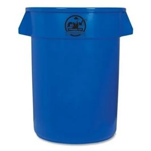 Blue heavy-duty plastic trash container with side handles and molded base rings