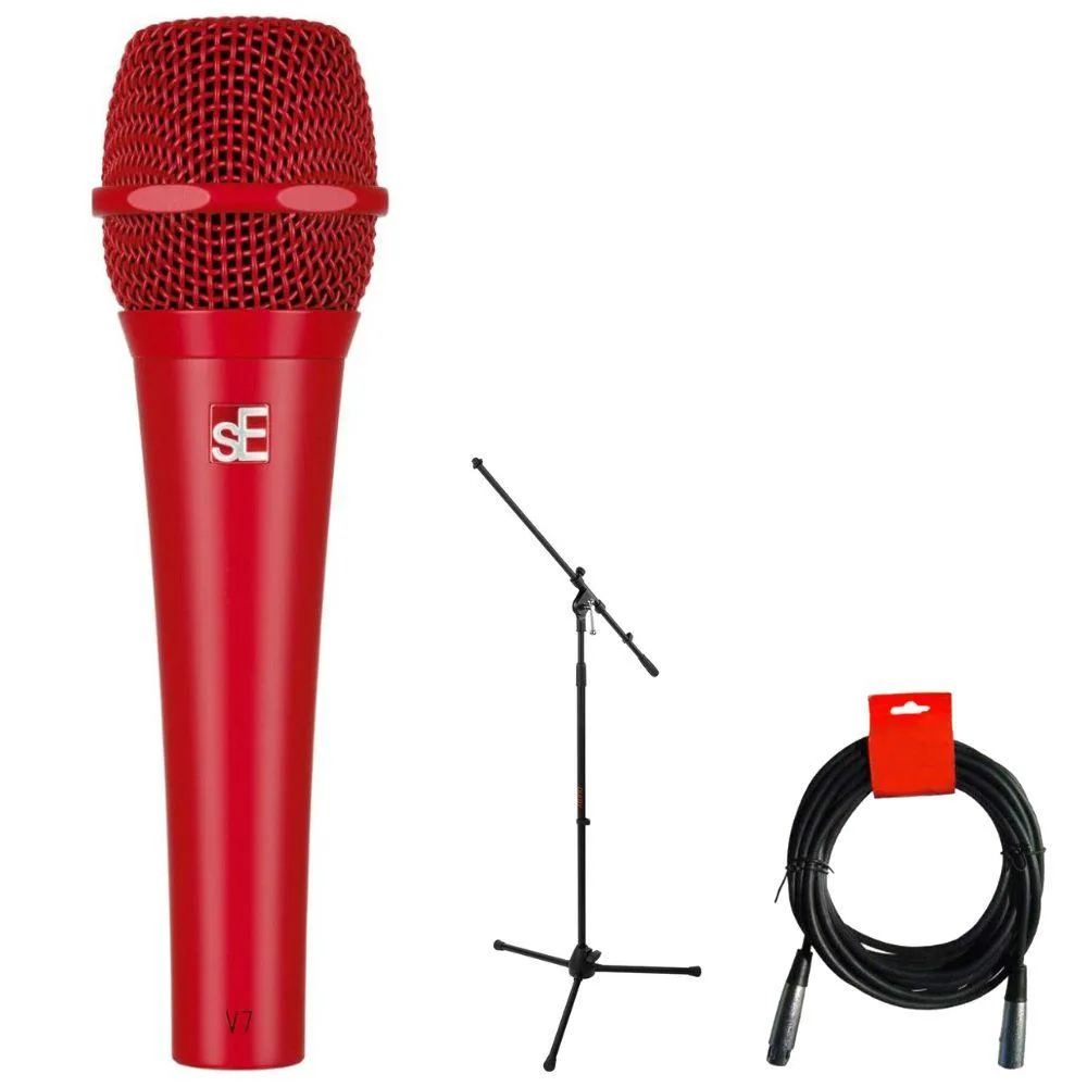SE SE V7 Red Handheld Dynamic Microphone Bundle with Stand AUMS5230F and XLR Cable — product photo