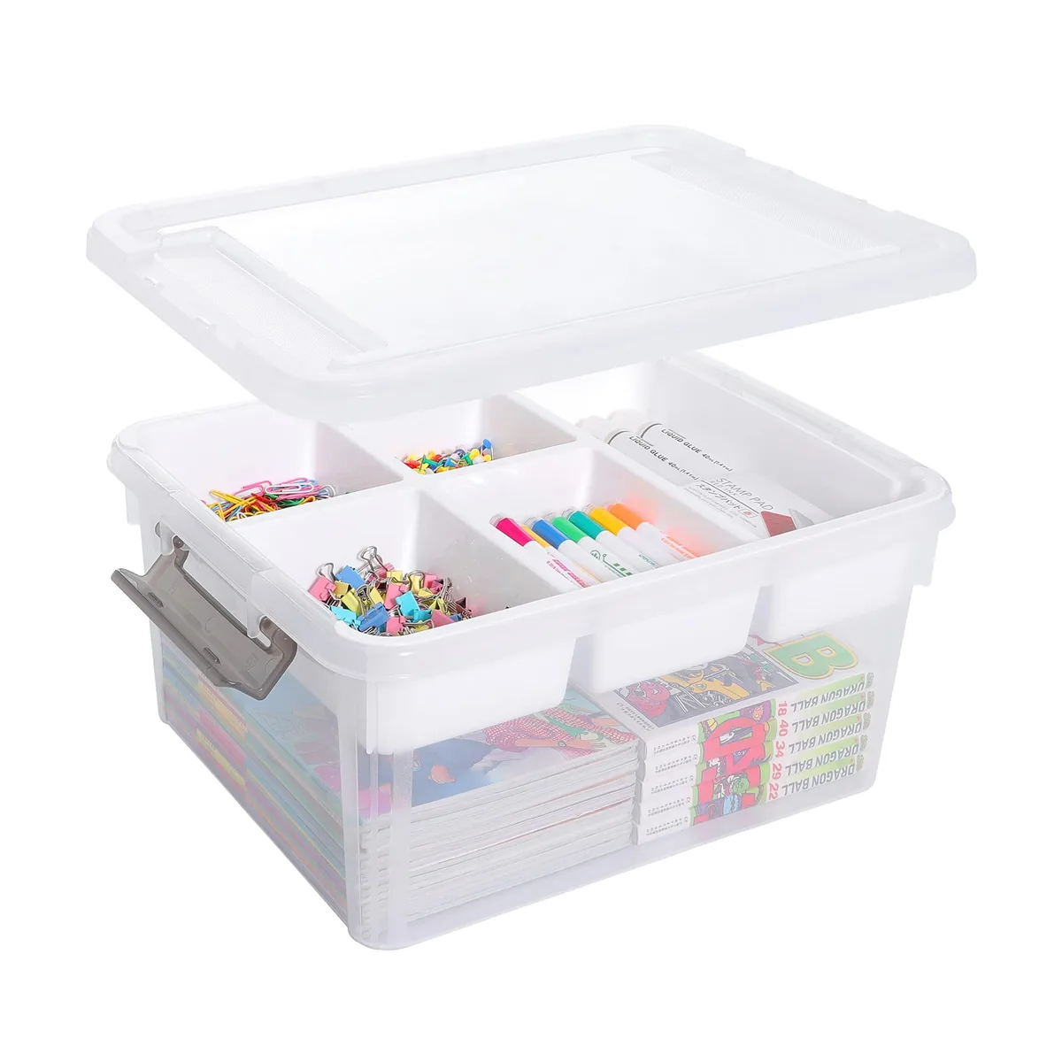 Clear plastic storage box with removable five-compartment tray and latching lid