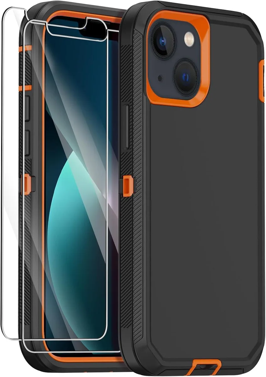 Black and orange rugged case for iPhone 13 6.1 inch with three-layer design and raised corners