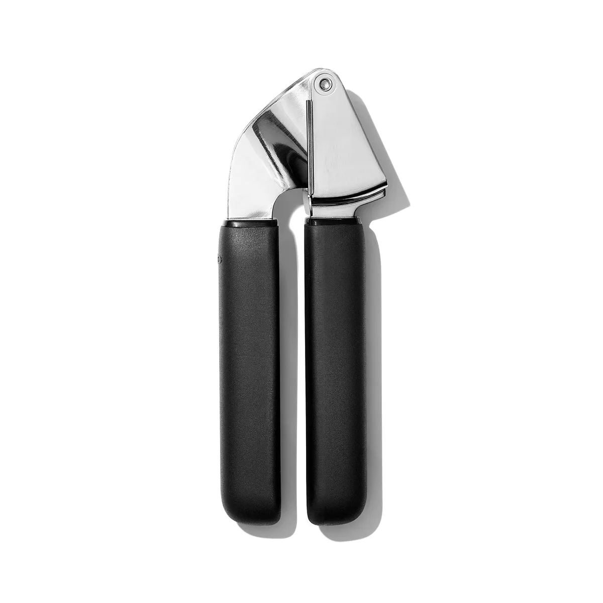 Stainless steel garlic press with soft black handles and large hopper