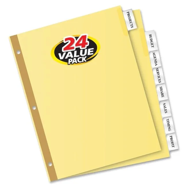 Clear buff insertable dividers with eight tabs per set, 24 sets in box
