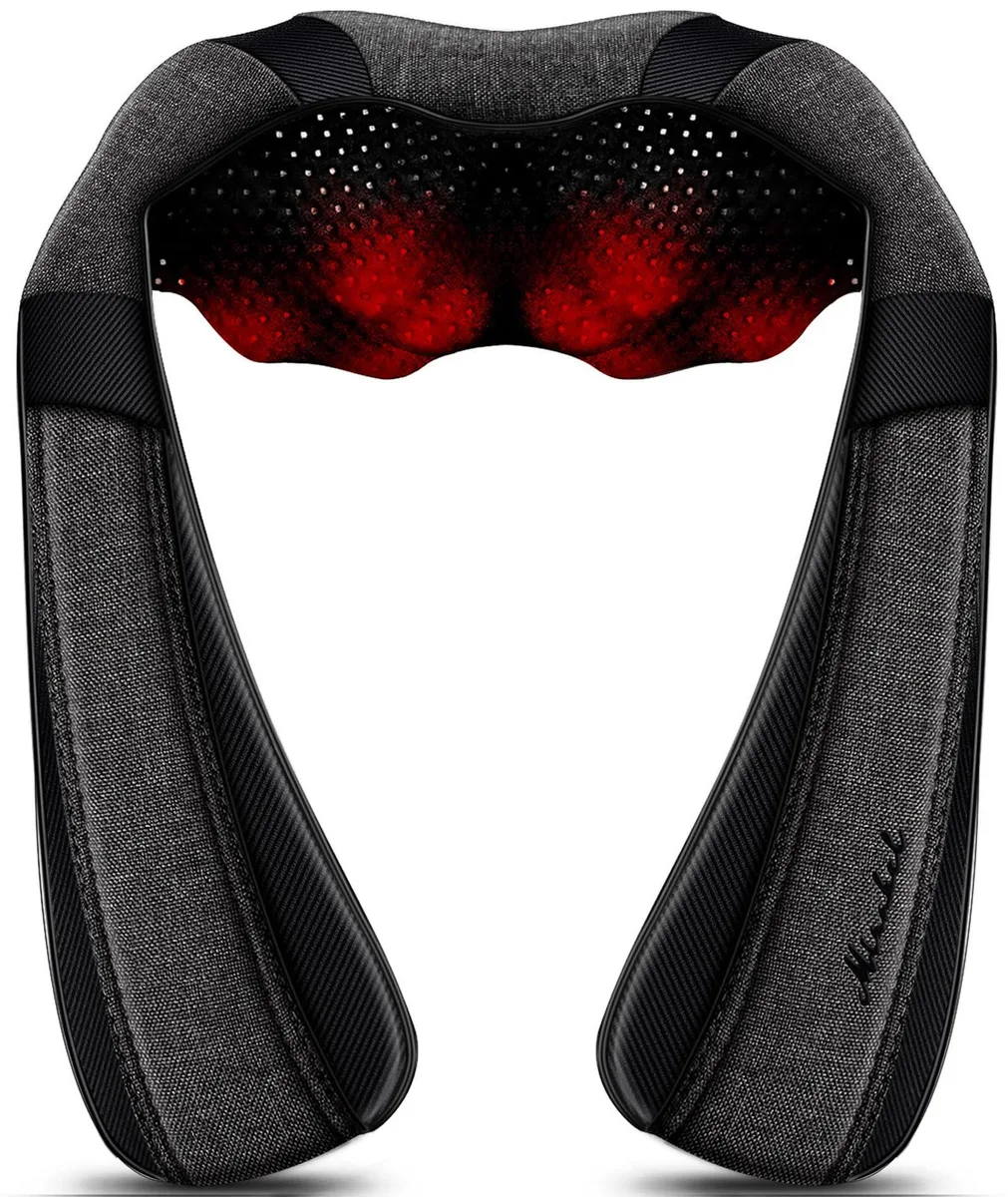 Gray rectangular massage pillow with rounded edges and fabric cover, power cord attached
