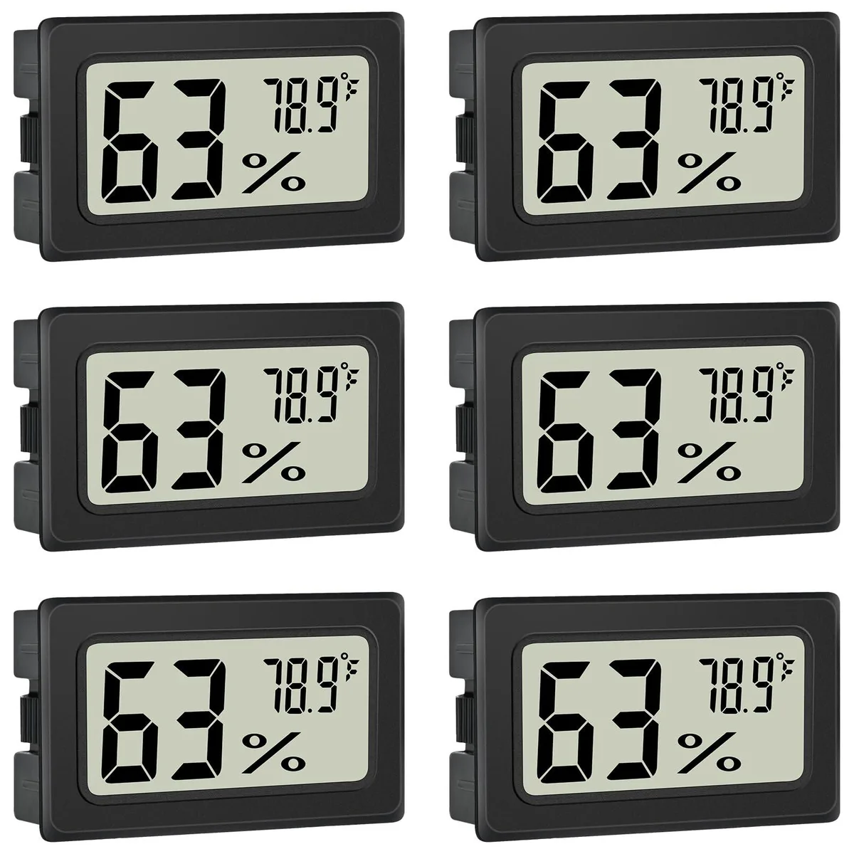 Six yellow mini LCD thermometer hygrometers with built-in probes