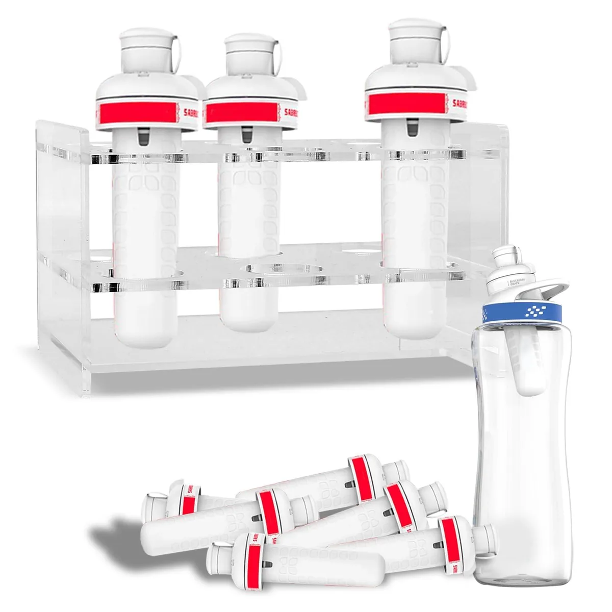 Clear acrylic cartridge holder with six upright slots, glossy finish, open top design