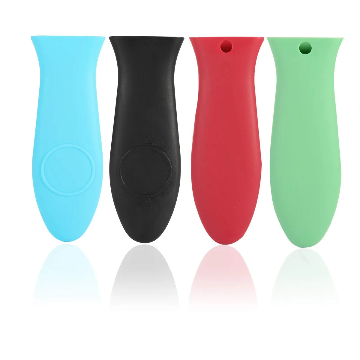 Four silicone handle covers in red, black, blue, green, each 5.63 inches long with hang hole