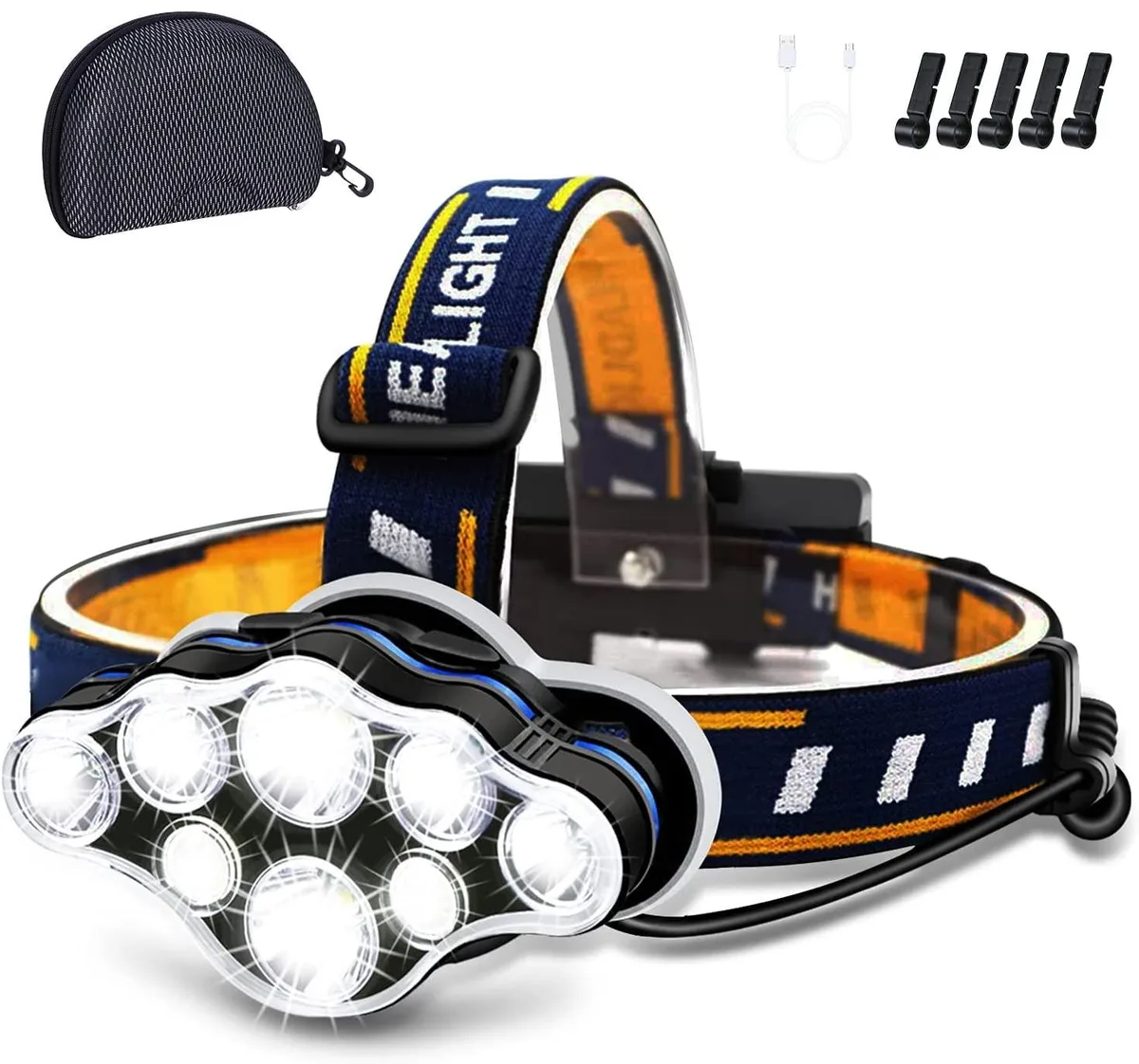 Ochter headlamp with eight white LEDs and a red rear light, adjustable 90-degree tilt, elastic headband, USB rechargeable