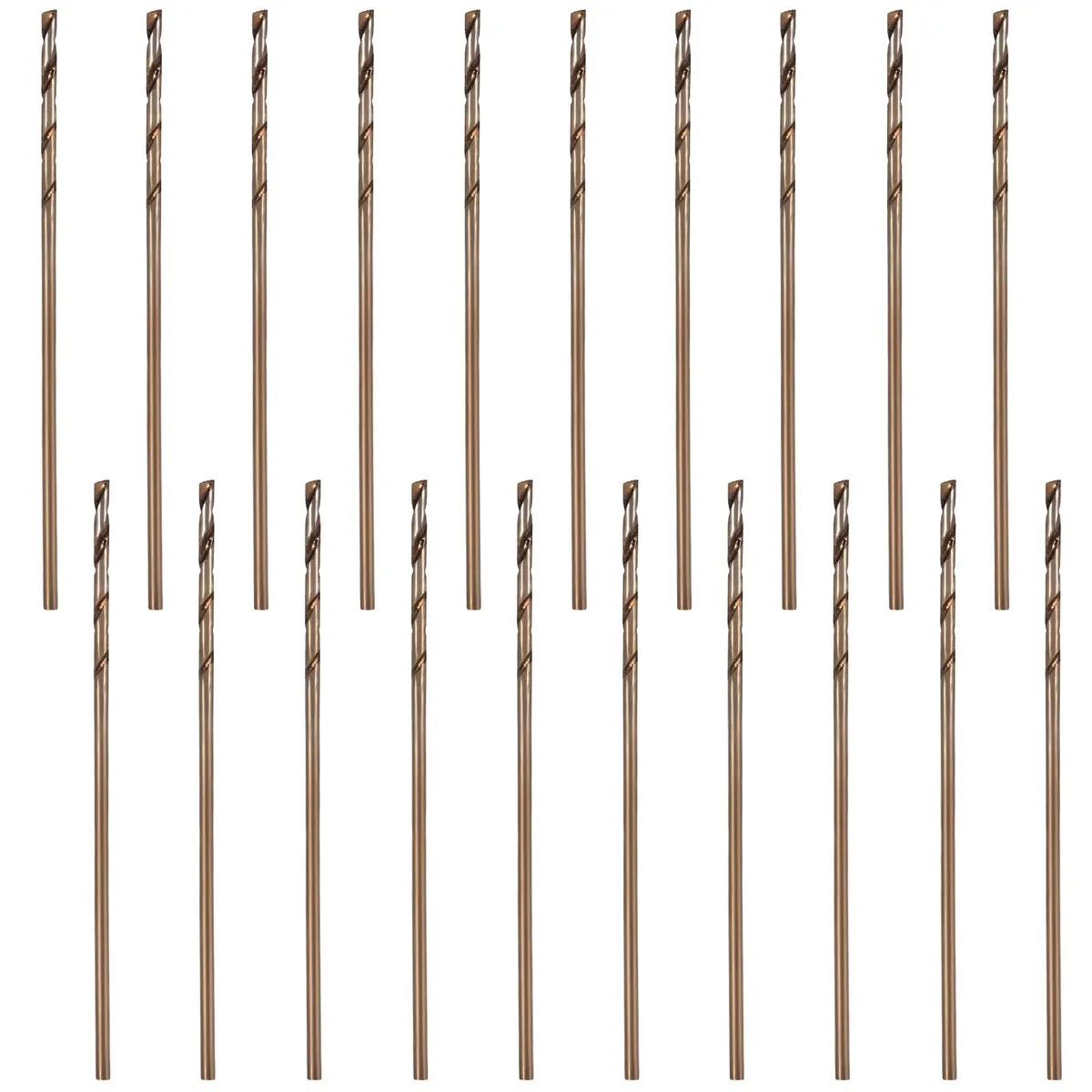 Set of 20 cobalt drill bits, 0.8 mm diameter, 30 mm total length, straight shank, metal finish